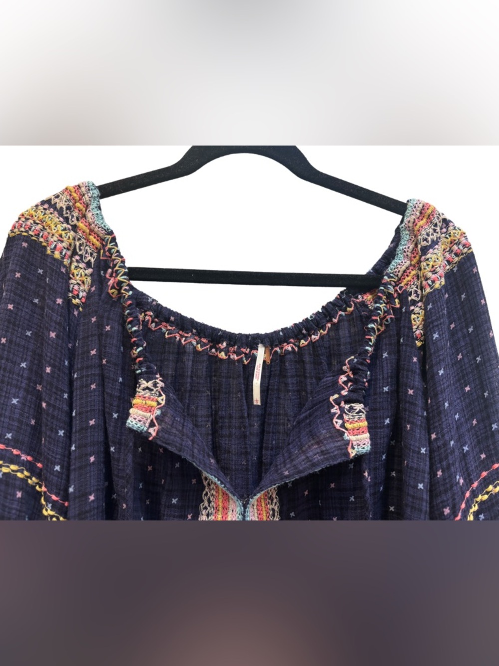 Free People “Talia” Embroidered Top in Navy/Multicolor, Boho Peasant Bell Sleeve - Picture 3 of 14